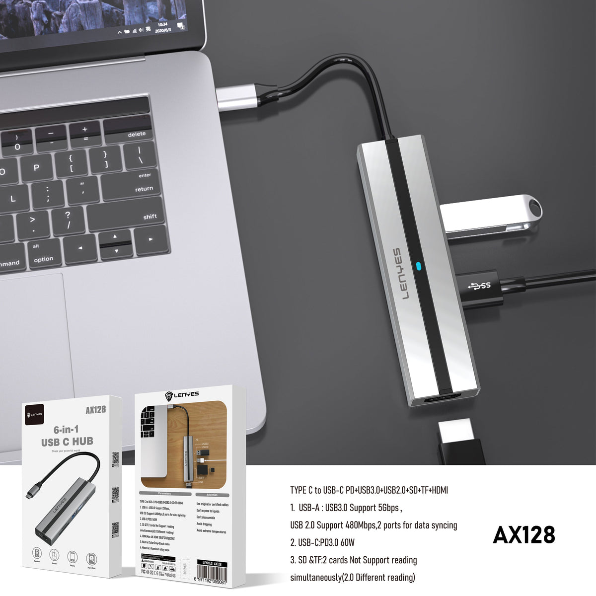 Hub USB-C 6 en 1 Lenyes AX128