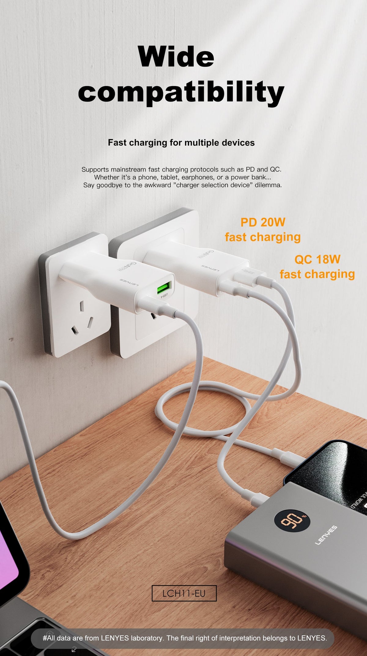 Cargador Dual 20W Lenyes LCH11 USB-C + USB-A