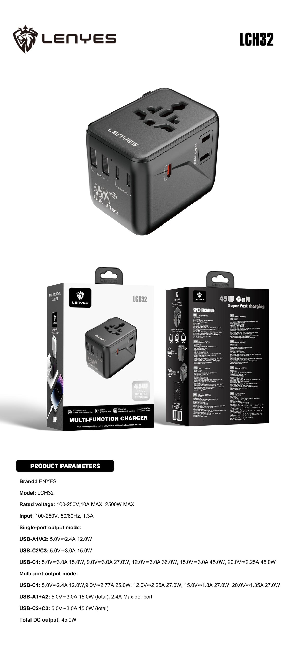 Adaptador de Viaje Universal Lenyes LCH32 45W GaN