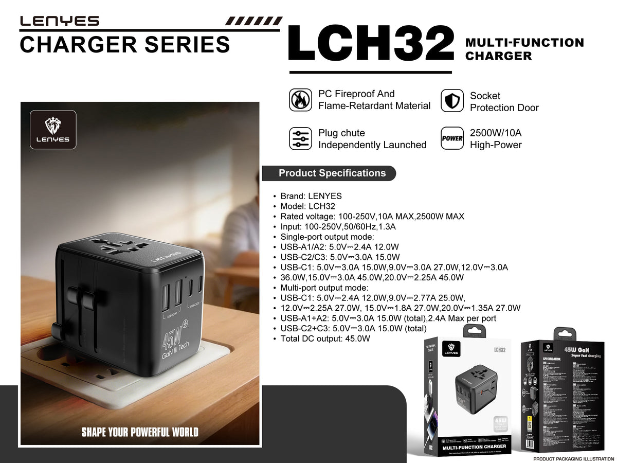 Adaptador de Viaje Universal Lenyes LCH32 45W GaN