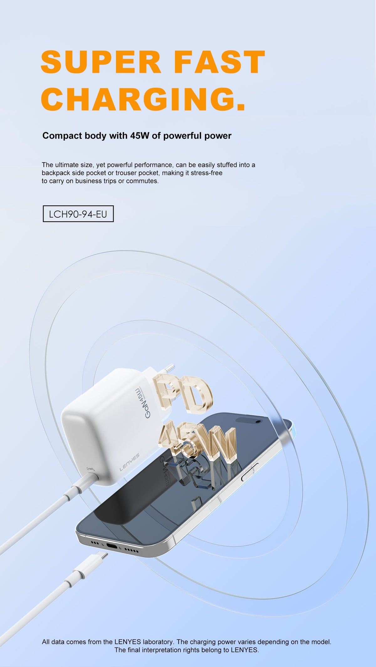 Cargador USB-C 45W Lenyes LCH94 con Cable