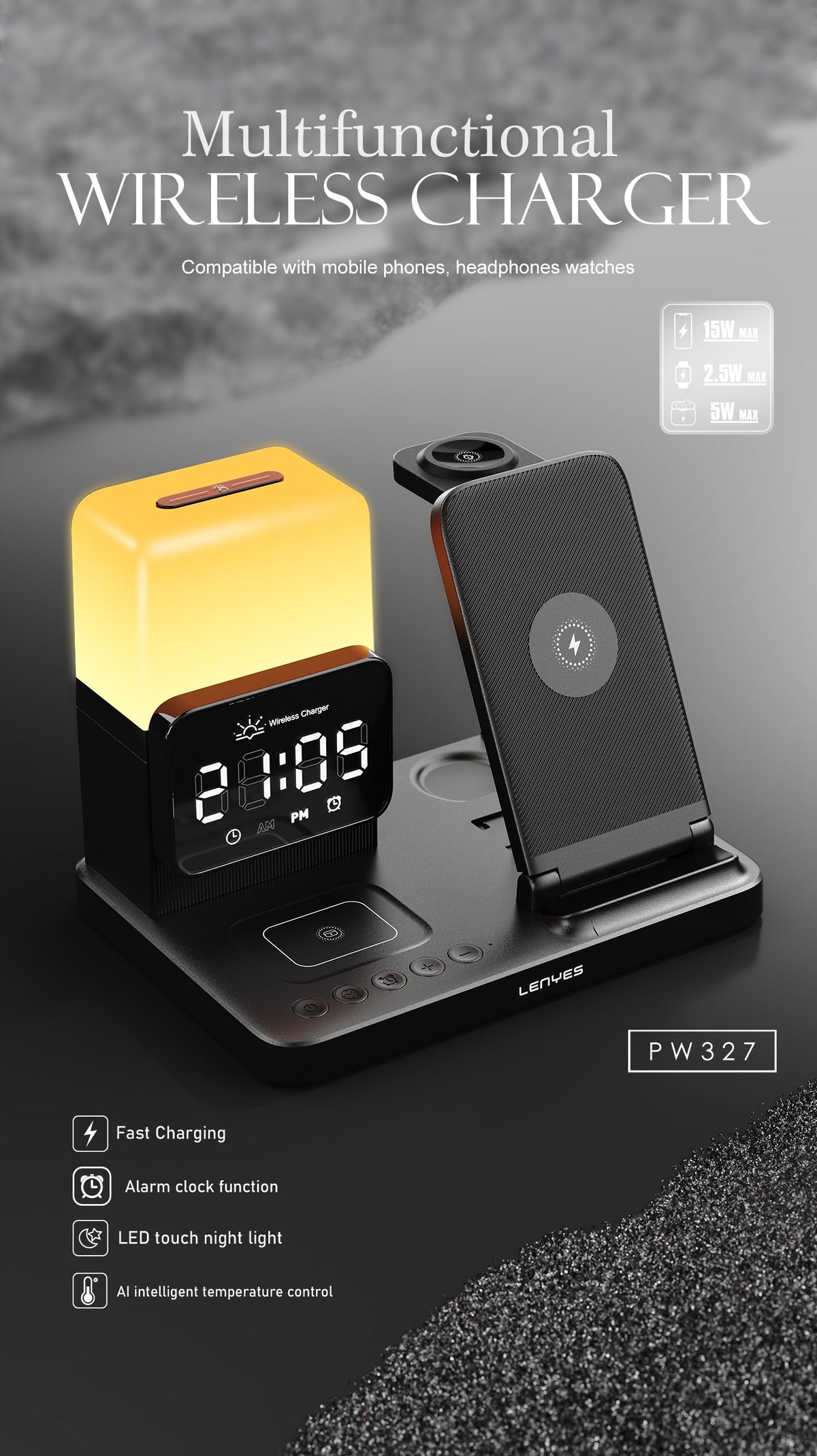 Cargador Inalámbrico 4 en 1 Lenyes PW327 15W con Reloj y Lámpara