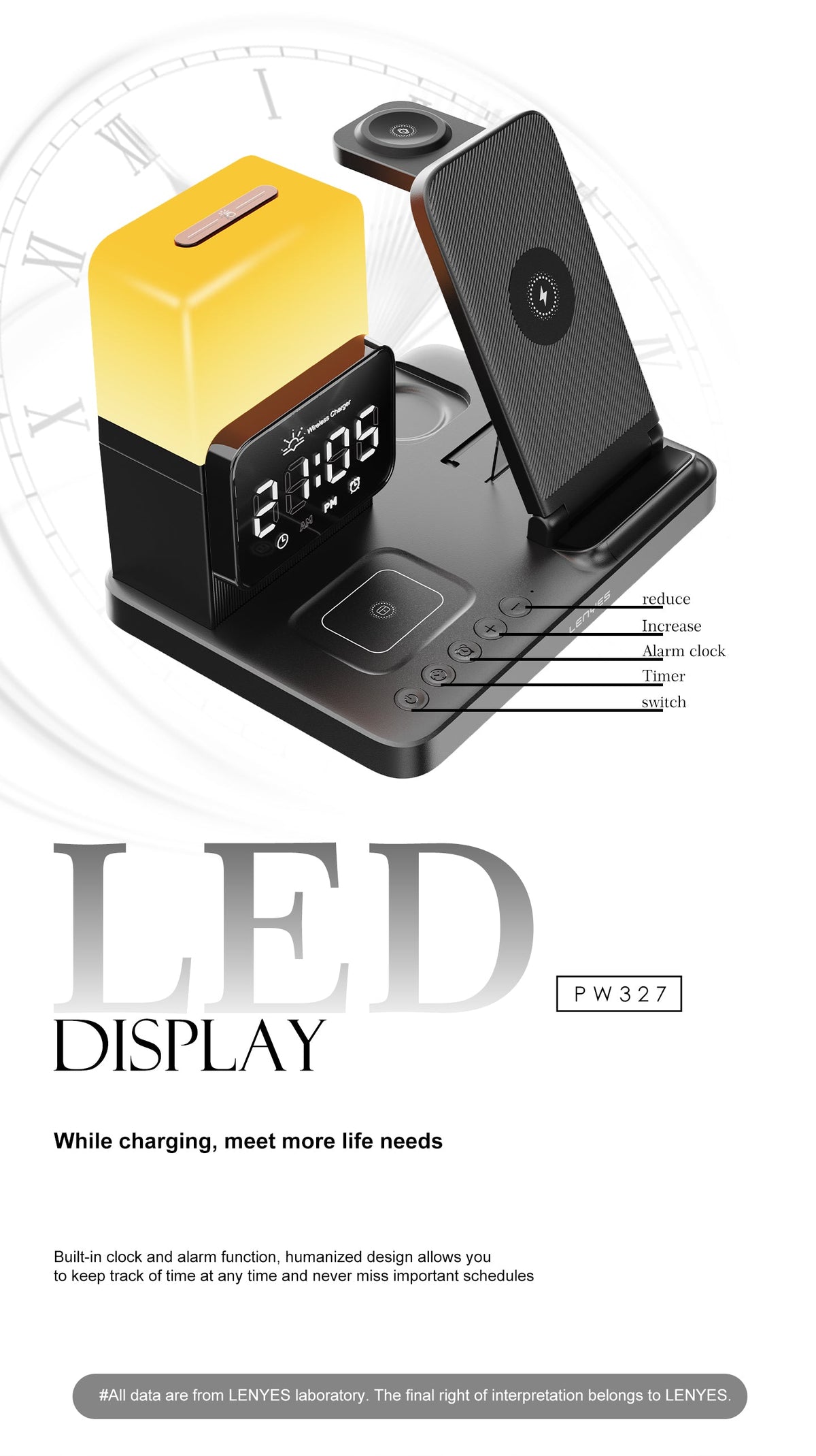 Cargador Inalámbrico 4 en 1 Lenyes PW327 15W con Reloj y Lámpara