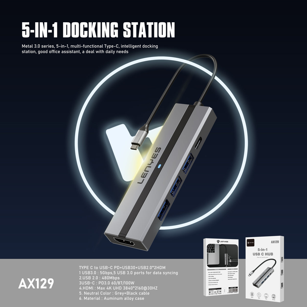 Hub USB-C 5 en 1 Lenyes AX129