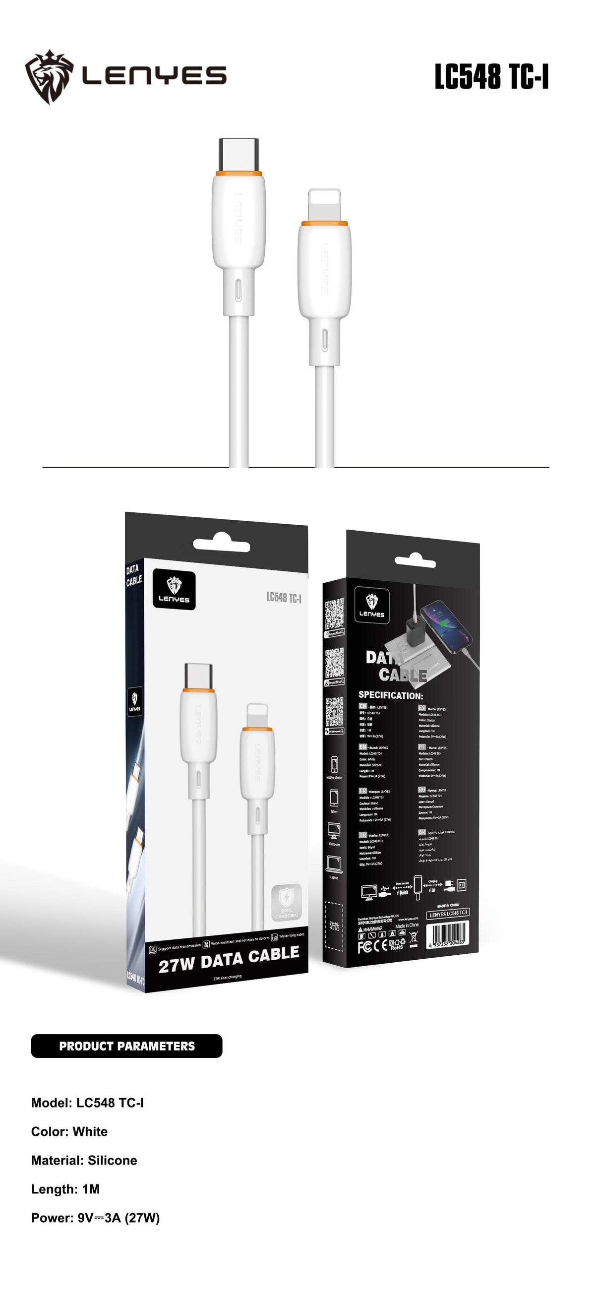 Cable USB-C a Lightning Lenyes LC548 TC-I 27W Silicona
