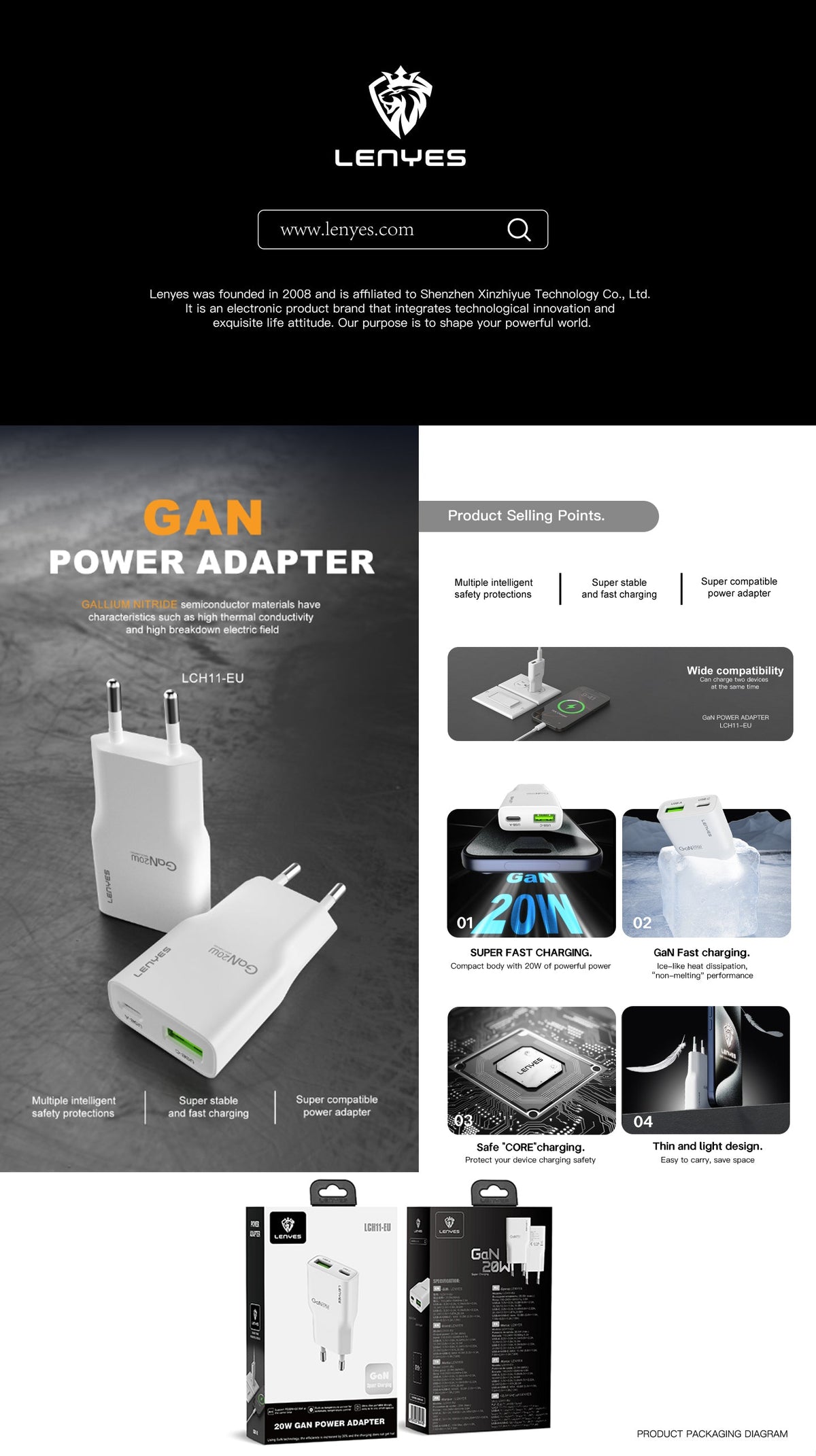 Cargador Dual 20W Lenyes LCH11 USB-C + USB-A