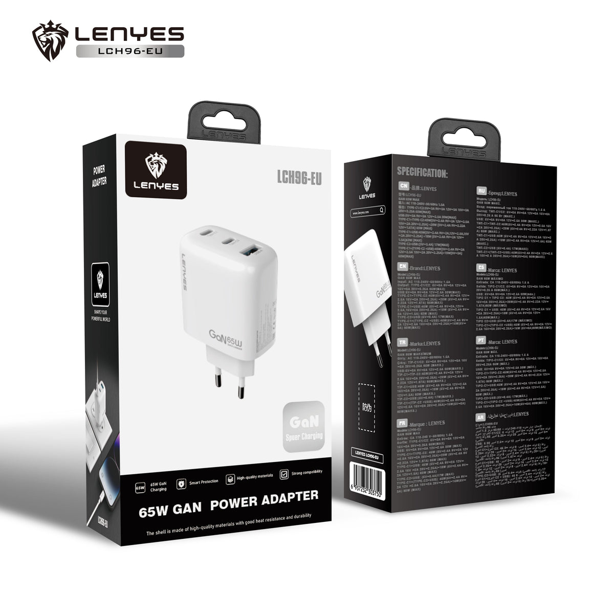 Cargador GaN 65W Lenyes LCH96 3 Puertos USB-C