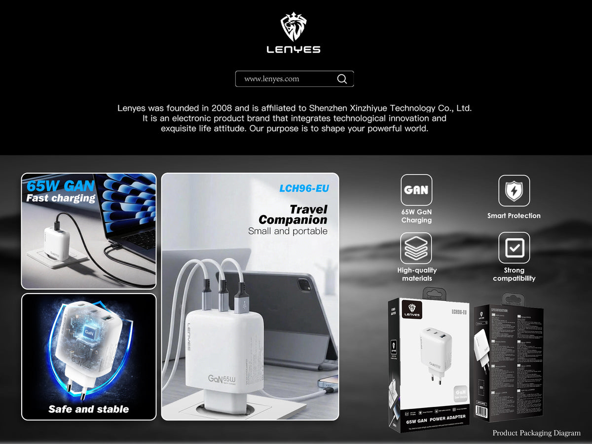 Cargador GaN 65W Lenyes LCH96 3 Puertos USB-C